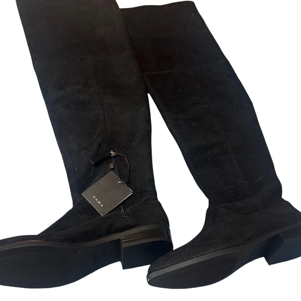 Zara Basic Black Faux Suede Over The Knee OTK Low Block Heel‎ Boots Size 37 NEW